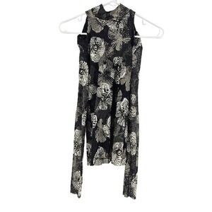 Y2K Fuzzi Jean Paul Gaultier Blouse Black Gray Floral Mesh Cold Shoulder Top M
